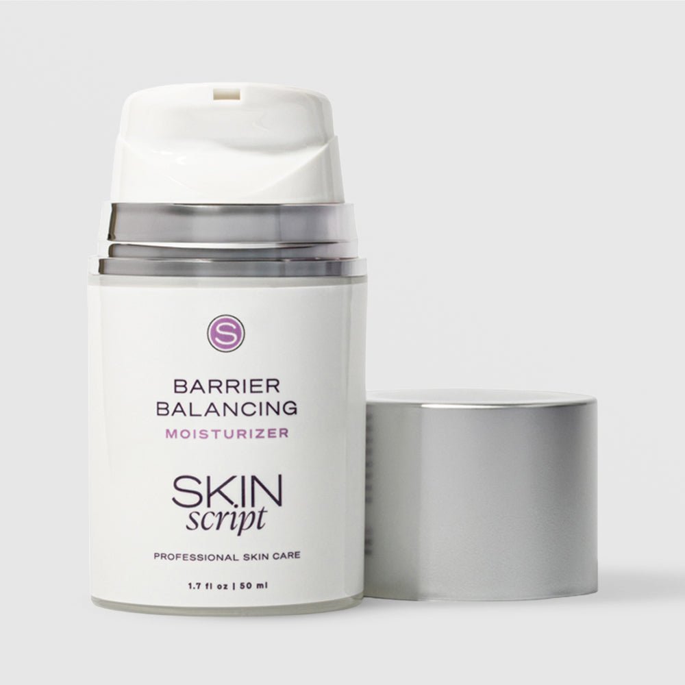 Skin Script Barrier Balancing Moisturizer skin barrier repair cream – white airless pump bottle with silver cap removed showing pump head, 1.7 fl oz / 50ml