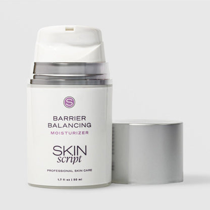Skin Script Barrier Balancing Moisturizer skin barrier repair cream – white airless pump bottle with silver cap removed showing pump head, 1.7 fl oz / 50ml