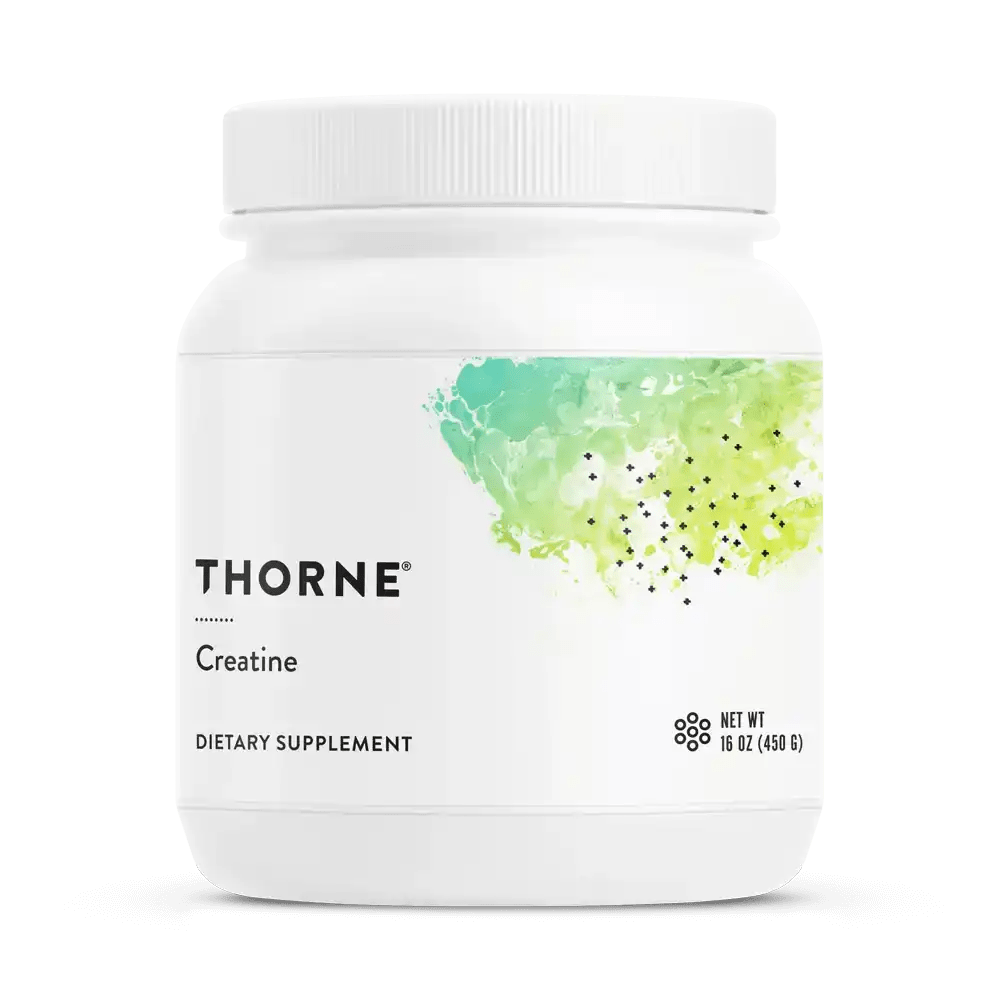 Thorne Creatine dietary supplement in a 16 oz white container with green watercolor design.