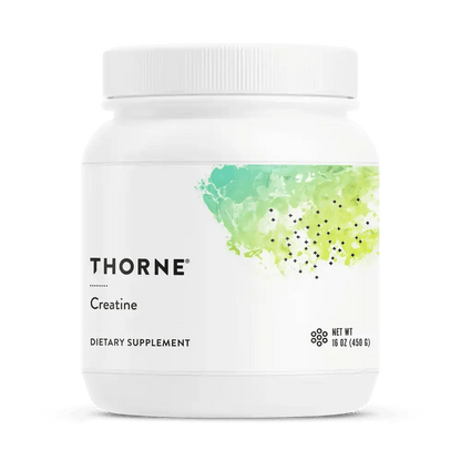 Thorne Creatine dietary supplement in a 16 oz white container with green watercolor design.