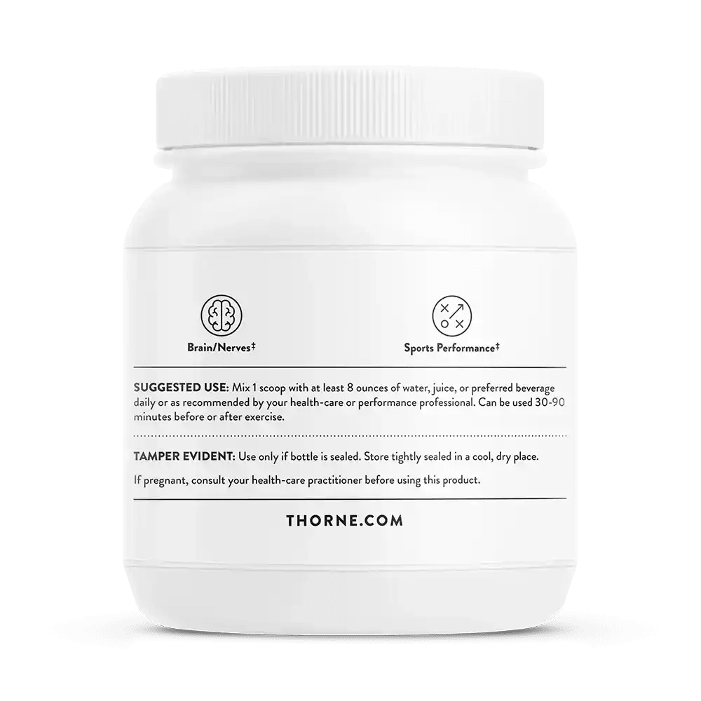 White supplement jar with brain/nerves and sports performance icons by Thorne.
