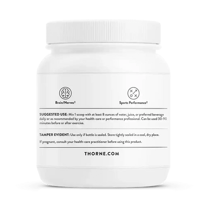 White supplement jar with brain/nerves and sports performance icons by Thorne.