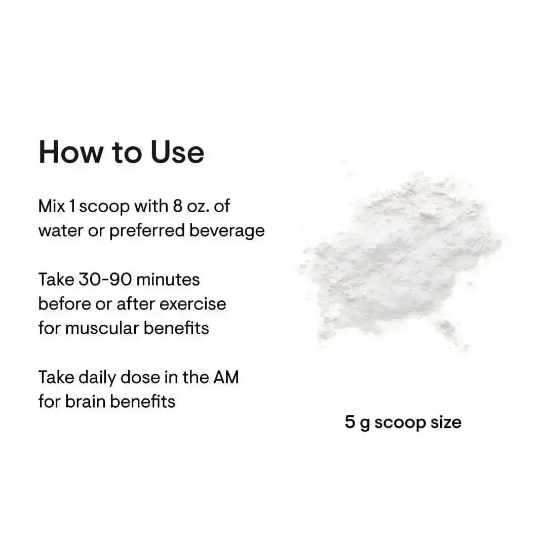 Instructional guide for a supplement powder showing usage directions and a 5g scoop size.