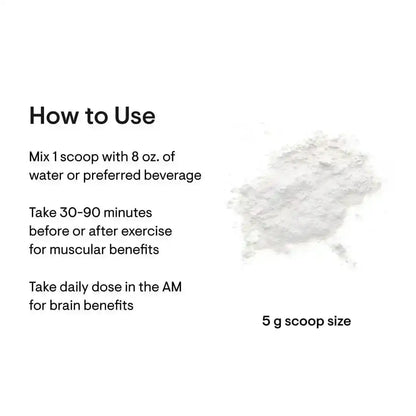 Instructional guide for a supplement powder showing usage directions and a 5g scoop size.