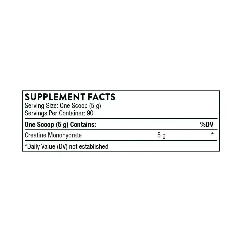 Supplement Facts label showing 5g of Creatine Monohydrate per scoop.