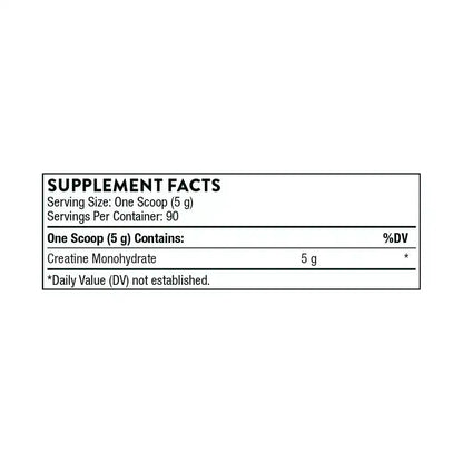 Supplement Facts label showing 5g of Creatine Monohydrate per scoop.