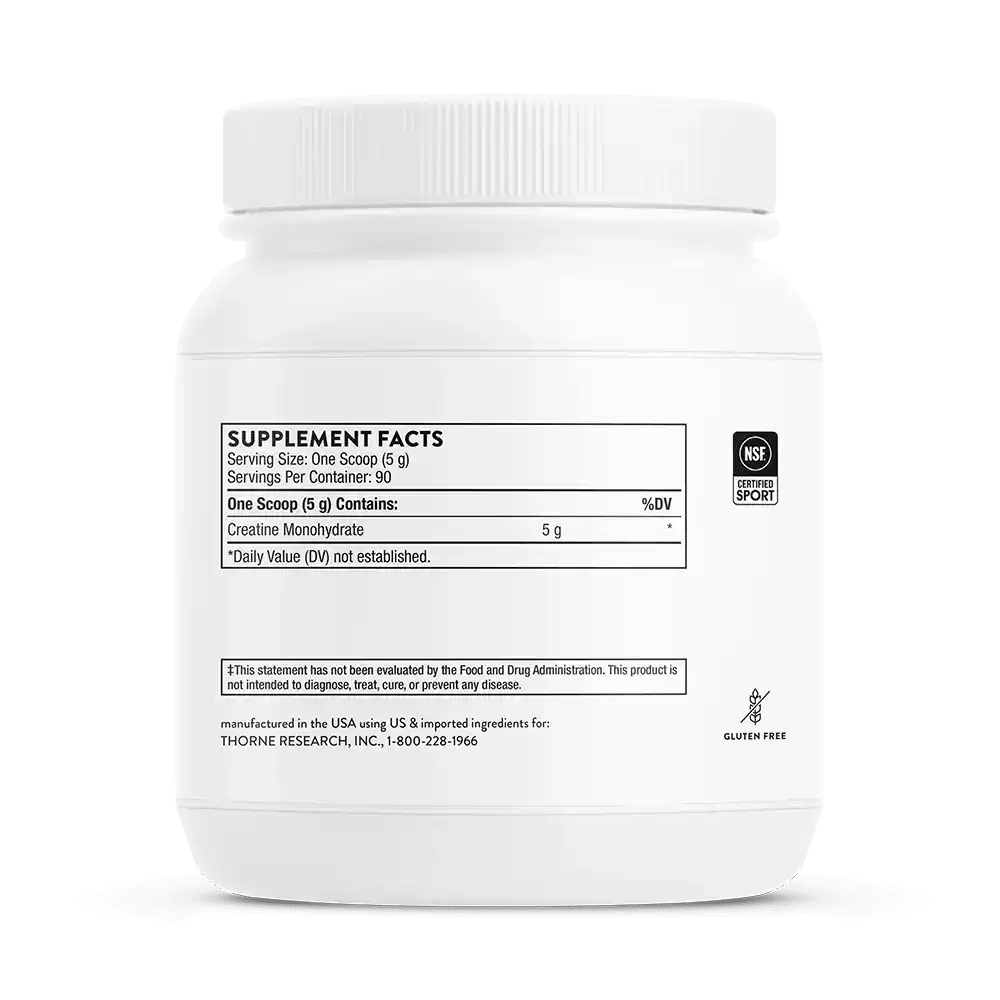 Thorne Research Creatine Monohydrate dietary supplement bottle, gluten-free NSF certified sport.