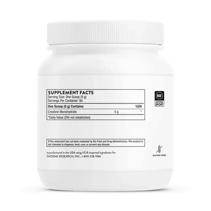 Thorne Research Creatine Monohydrate dietary supplement bottle, gluten-free NSF certified sport.