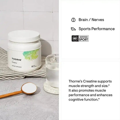Thorne Creatine dietary supplement powder with a scoop and glass of water.